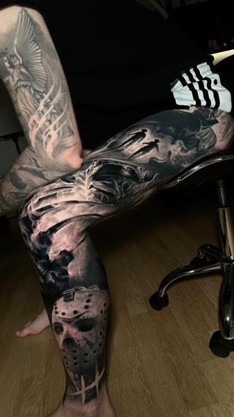 Realism horror mask tattoo by @dennisblume_tattooist