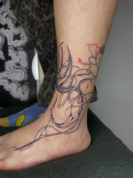 Fine line abstract linework tattoo by @psari_clown_tattoo