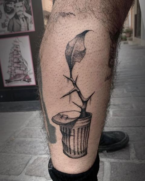 Illustrative trash can plant tattoo by @insomnia_zls