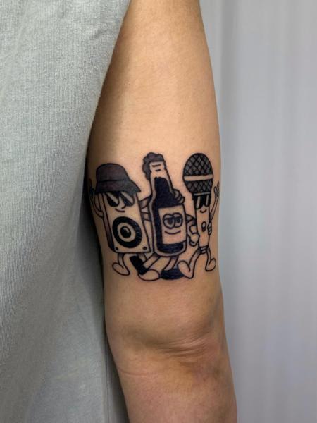 Illustrative dancing objects tattoo by @theblackrabbit_tattoostudio