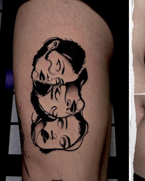 Blackwork stacked faces tattoo by @bdt_tattoos