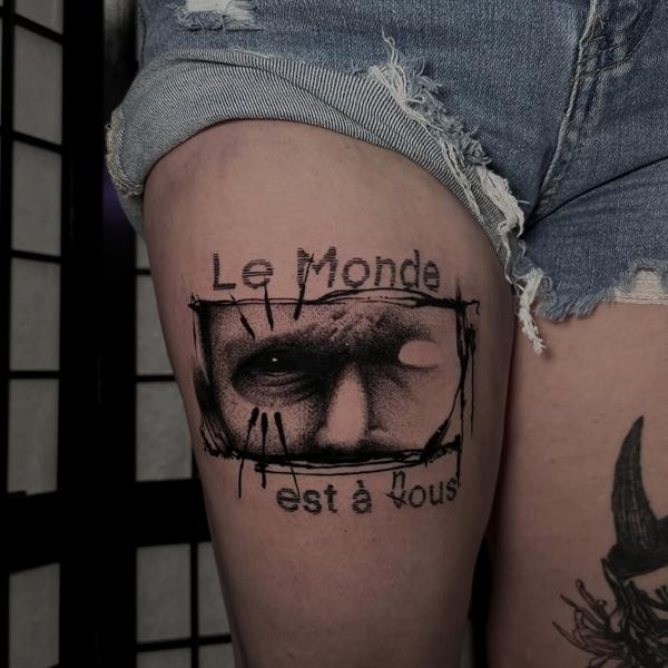 Blackwork surreal face tattoo by @bdt_tattoos