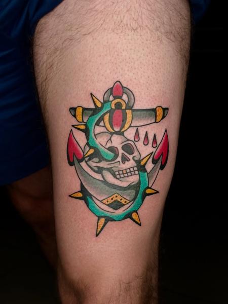 Traditional anchor skull tattoo by @fitz.ttt