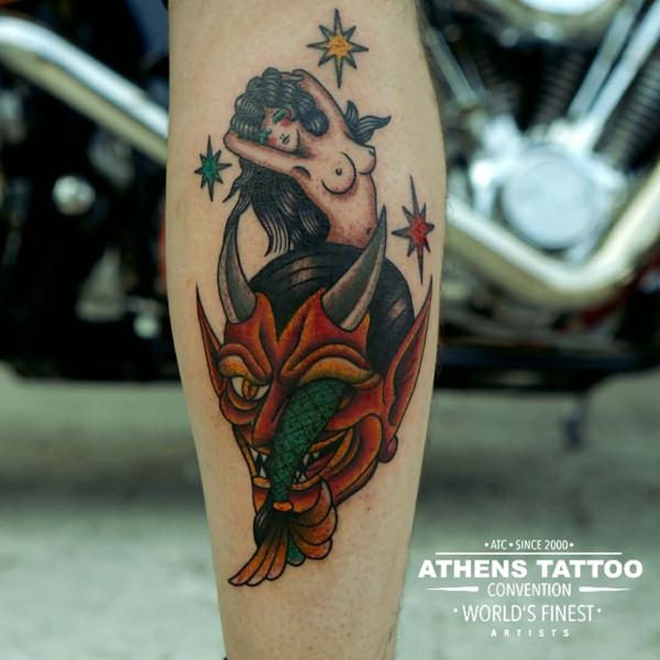 Traditional demon and woman tattoo by @fitz.ttt