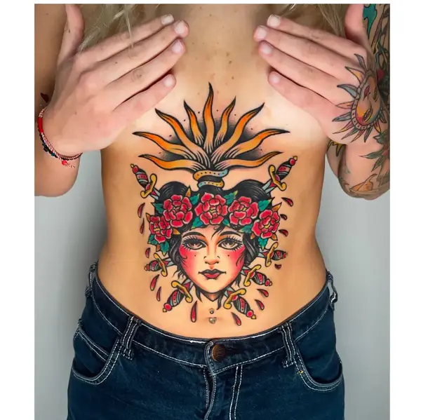 Neo-traditional flaming lady head tattoo by @dimitris_v_tattooer