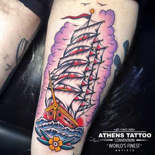 Traditional sailing ship tattoo by @dimitris_v_tattooer