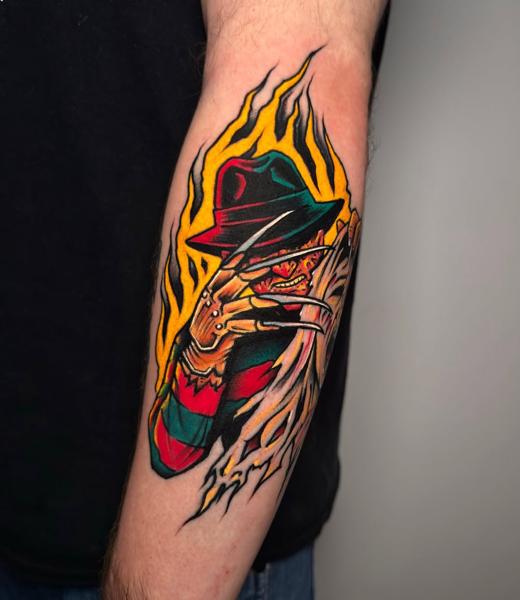 Neo-traditional freddy krueger portrait tattoo by @dimitris_v_tattooer