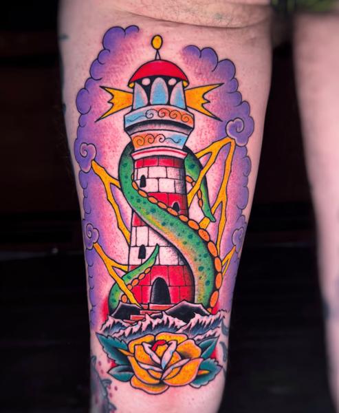 Traditional kraken lighthouse tattoo by @dimitris_v_tattooer