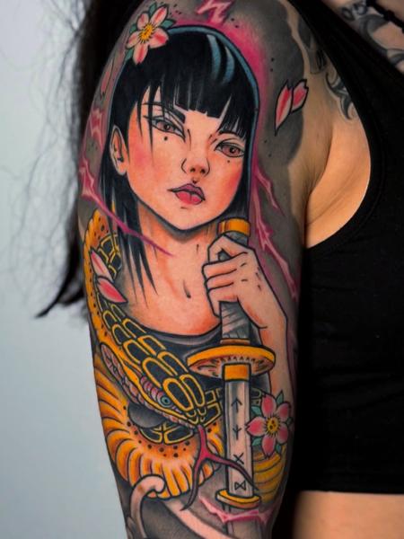 Neo-traditional japanese warrior woman tattoo by @dimitris_v_tattooer