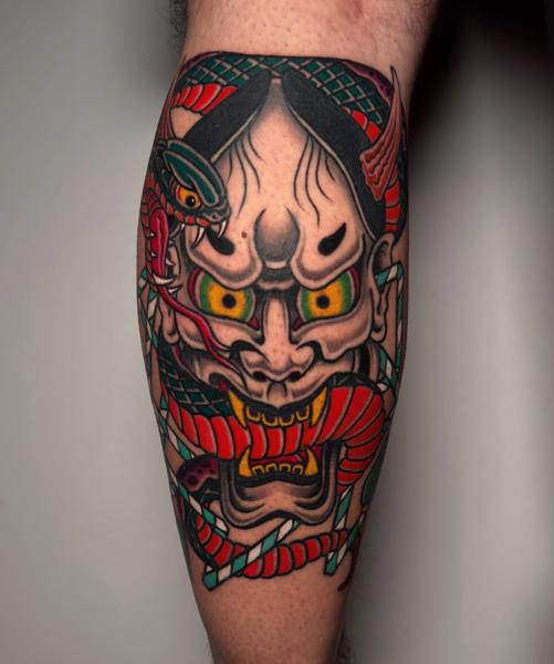 Japanese hannya mask snake tattoo by @dimitris_v_tattooer