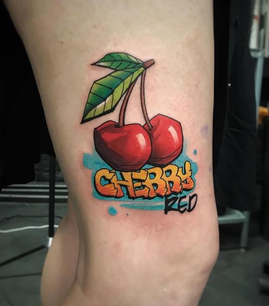 New school cherry graffiti tattoo by @dimos_thrash_tattoo