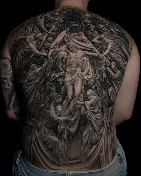 Realism religious scene tattoo by @dinos.mts