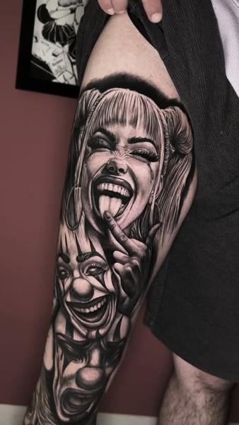 Realism smiling woman tattoo by @dinos.mts