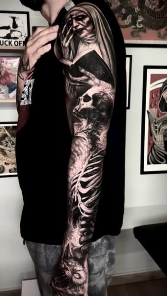 Realism skeleton nun tattoo by @dinos.mts