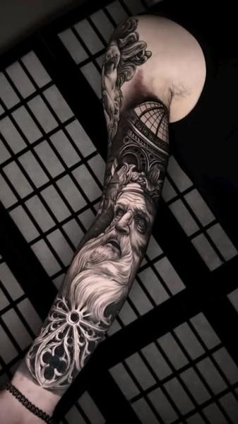 Realism architectural portrait tattoo by @dinos.mts