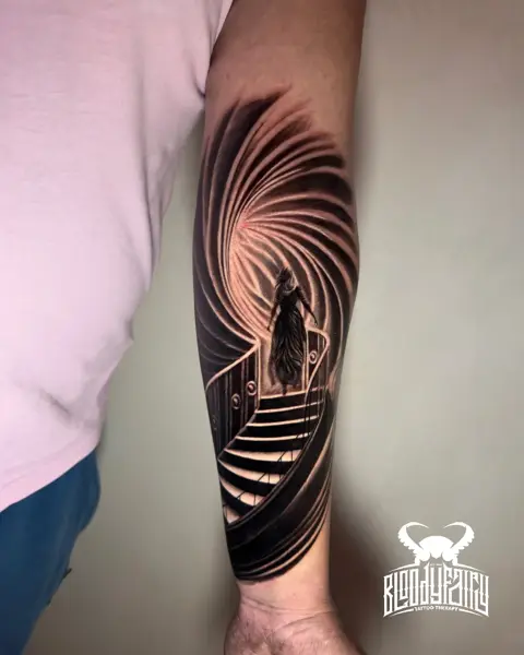 Realism spiral staircase tattoo by @dostattoo_marios