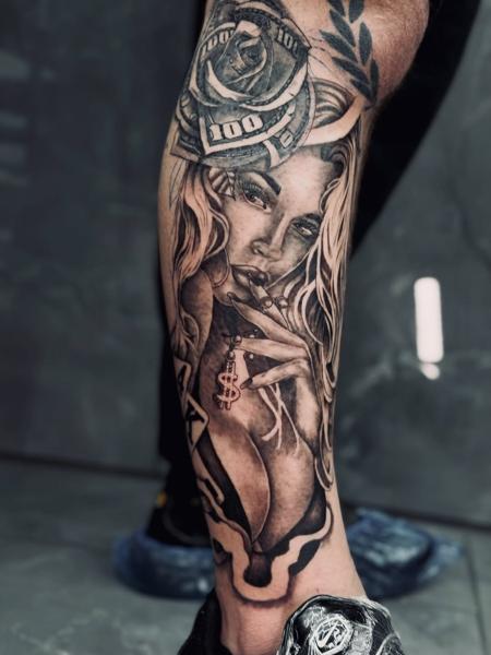 Realism money rose woman tattoo by @_drag.tats