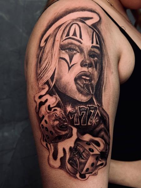 Realism clown woman tattoo by @_drag.tats