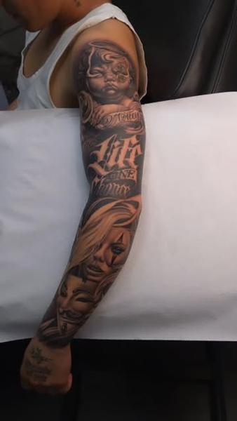 Realism portrait sleeve tattoo by @dreamtattooathens