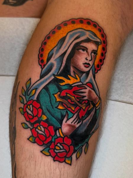 Traditional sacred heart tattoo by @dretattoo