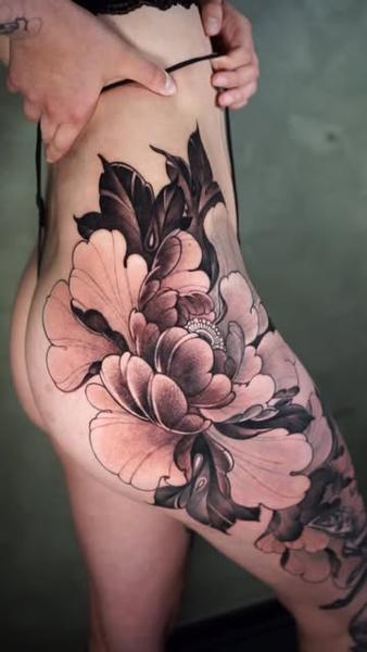 Illustrative floral large peony tattoo by @dropout_cph