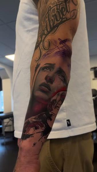 Realism crying woman portrait tattoo by @dropout_cph