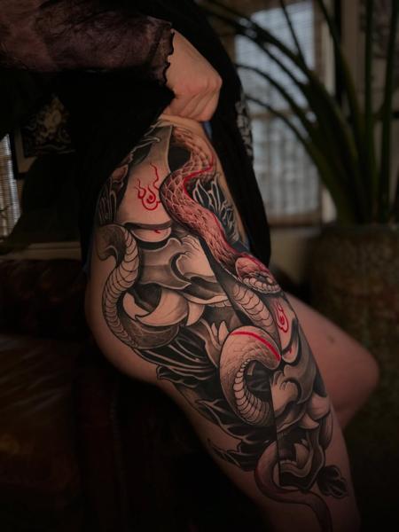 Japanese japanese snake mask tattoo by @dropout_cph