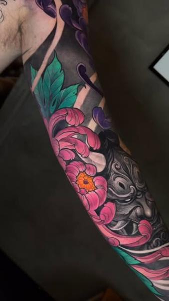 Japanese hannya mask flowers tattoo by @dropout_cph