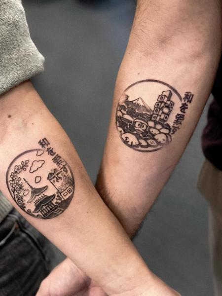 Illustrative pagoda blossoms tattoo by @dropout_cph