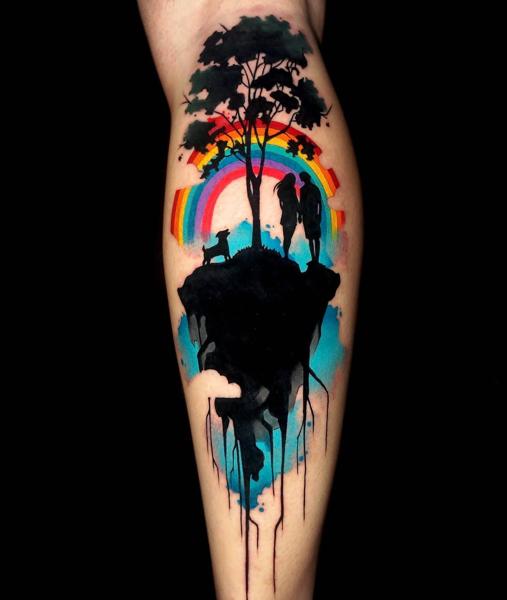 Watercolor silhouette couple tattoo by @dynozartattack