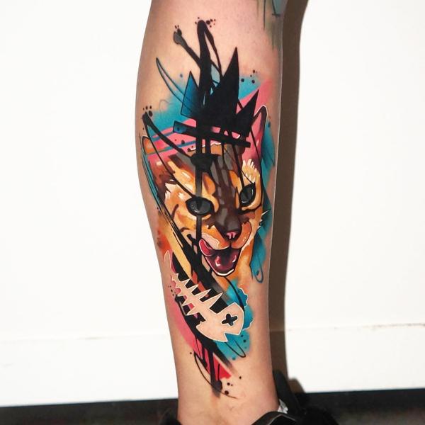 Watercolor abstract cat tattoo by @dynozartattack
