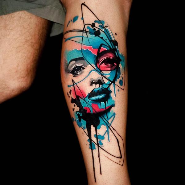 Watercolor abstract face tattoo by @dynozartattack