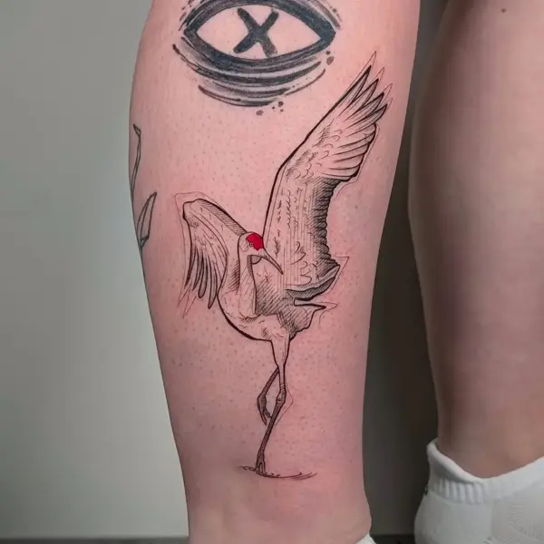 Fine line crane bird tattoo by @studiotwo23