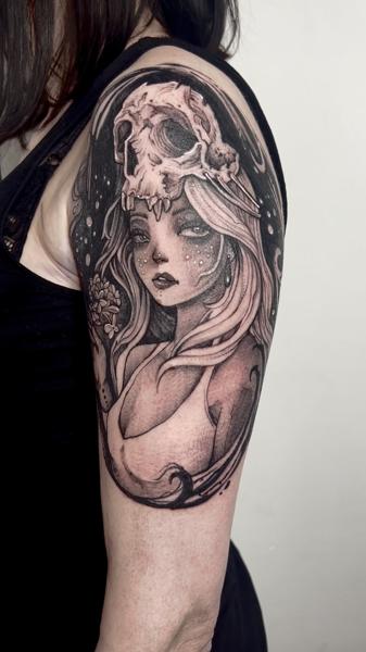 Black And Grey Realism woman with skull tattoo by @elapour