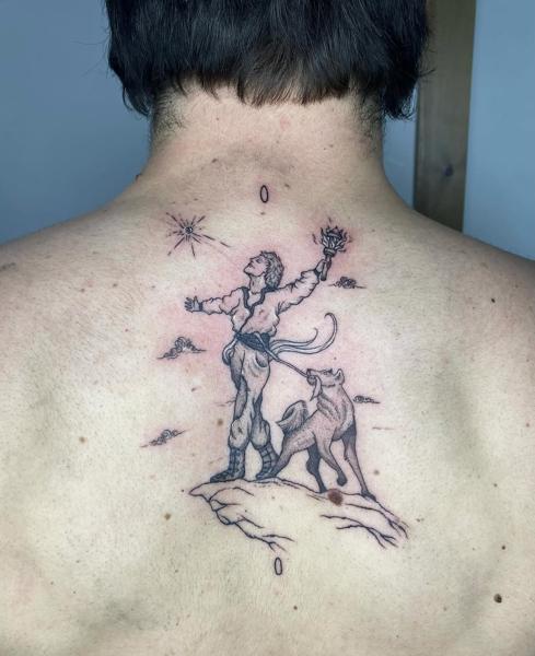 Fine line man and dog tattoo by @electrabuzz._