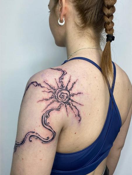 Linework abstract sun tattoo by @electrabuzz._