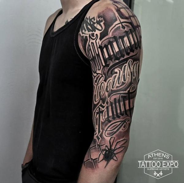 Lettering lettering sleeve tattoo by @eliotdivision
