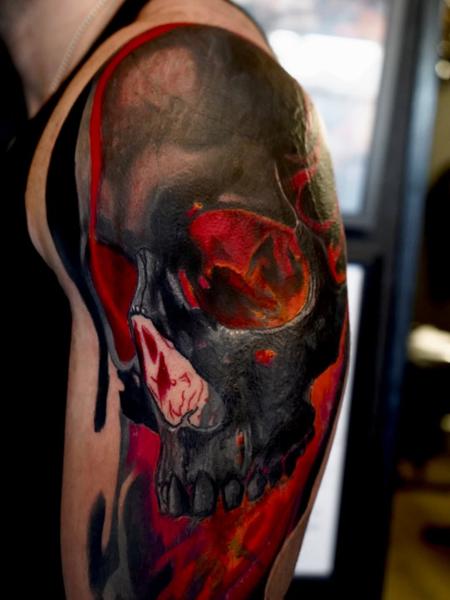 Realism fiery skull tattoo by @elishawickedink