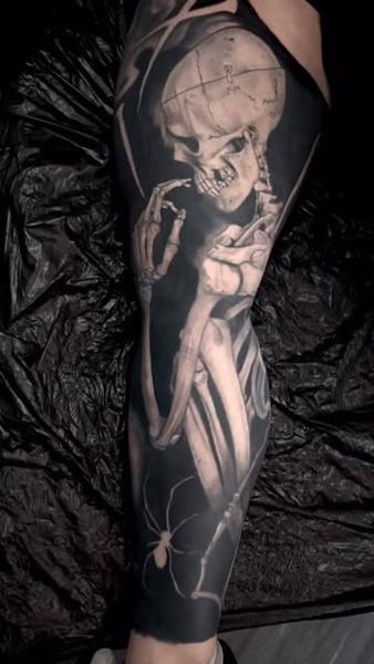 Realism thinking skeleton tattoo by @elishawickedink