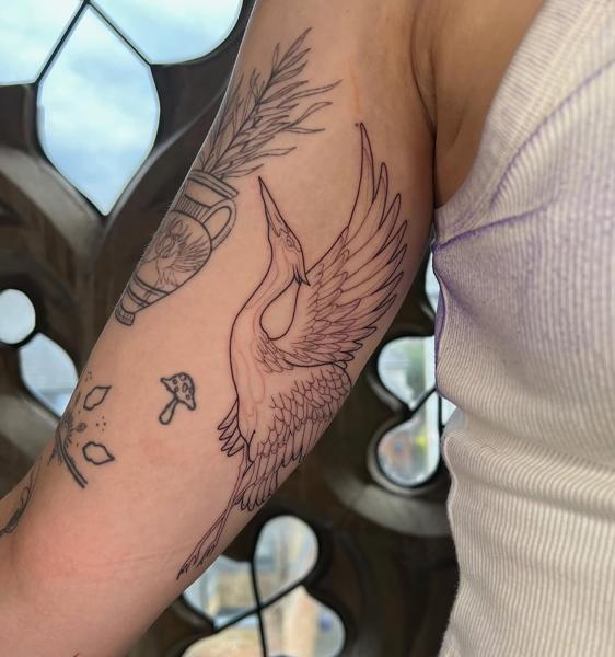 Fine line elegant bird tattoo by @bethcribbintattoo