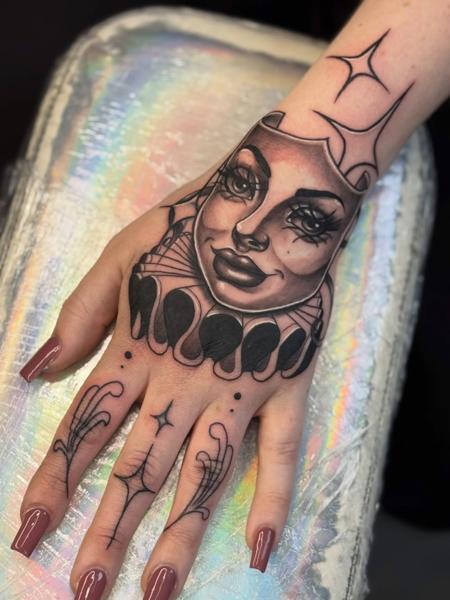 Blackwork clown face tattoo by @ellecartelle