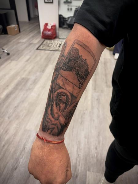 Realism angel and building tattoo by @elle_ink_