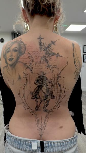 Realism cowboy on horse tattoo by @elle_ink_
