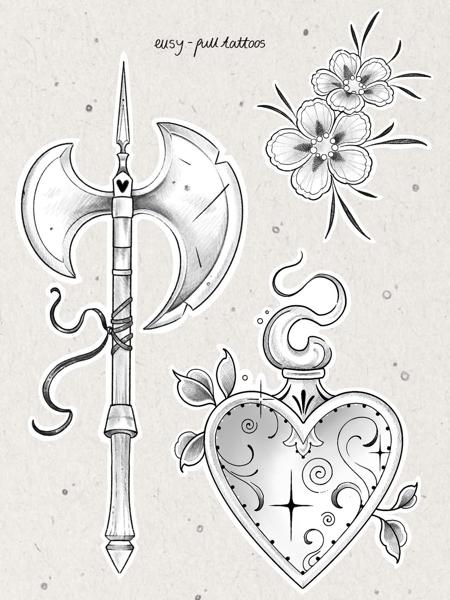 Illustrative battle axe tattoo by @ellsy_pulltattoos