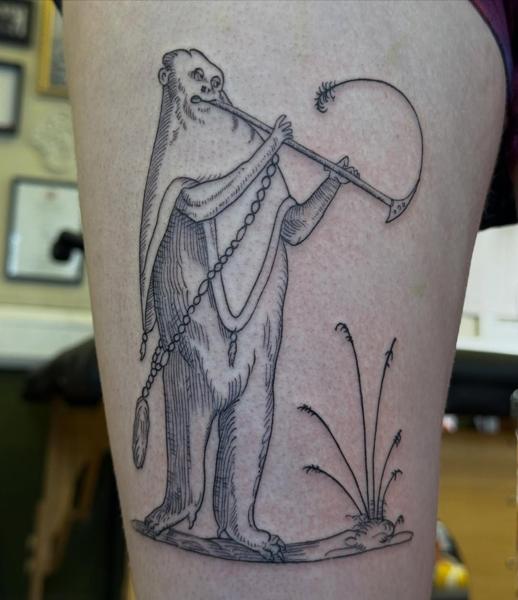 Woodcut style grotesque musician tattoo by @ellsy_pulltattoos