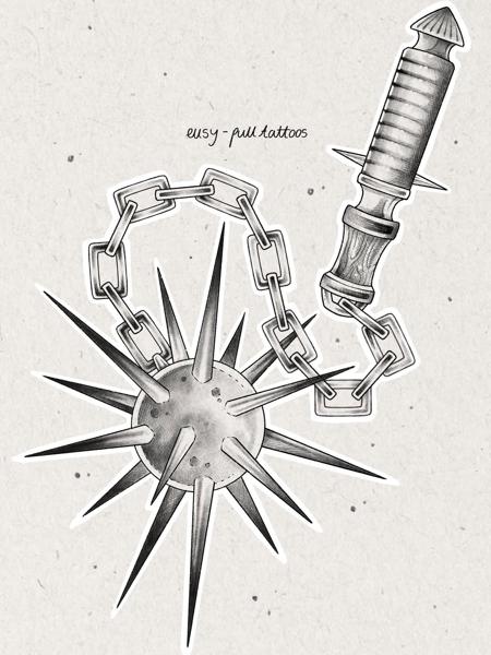 Illustrative spiked flail tattoo by @ellsy_pulltattoos