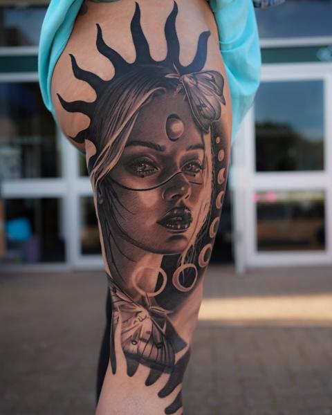 Illustrative surreal woman tattoo by @ellietaylor.tattoos