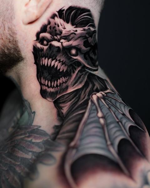 Realism horror creature tattoo by @ellietaylor.tattoos