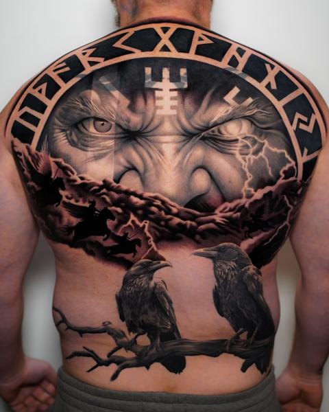 Realism viking god tattoo by @ellietaylor.tattoos
