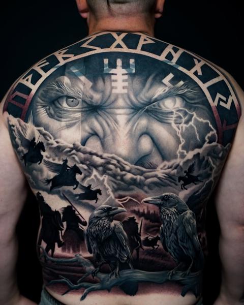 Realism mythological god tattoo by @ellietaylor.tattoos